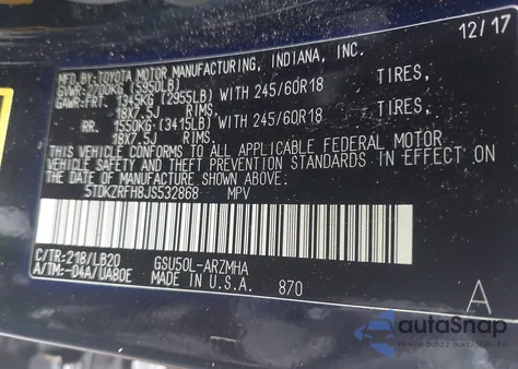 2018 Toyota Highlander Xle из США, поврежденный, VIN 5TDKZRFH8JS532868